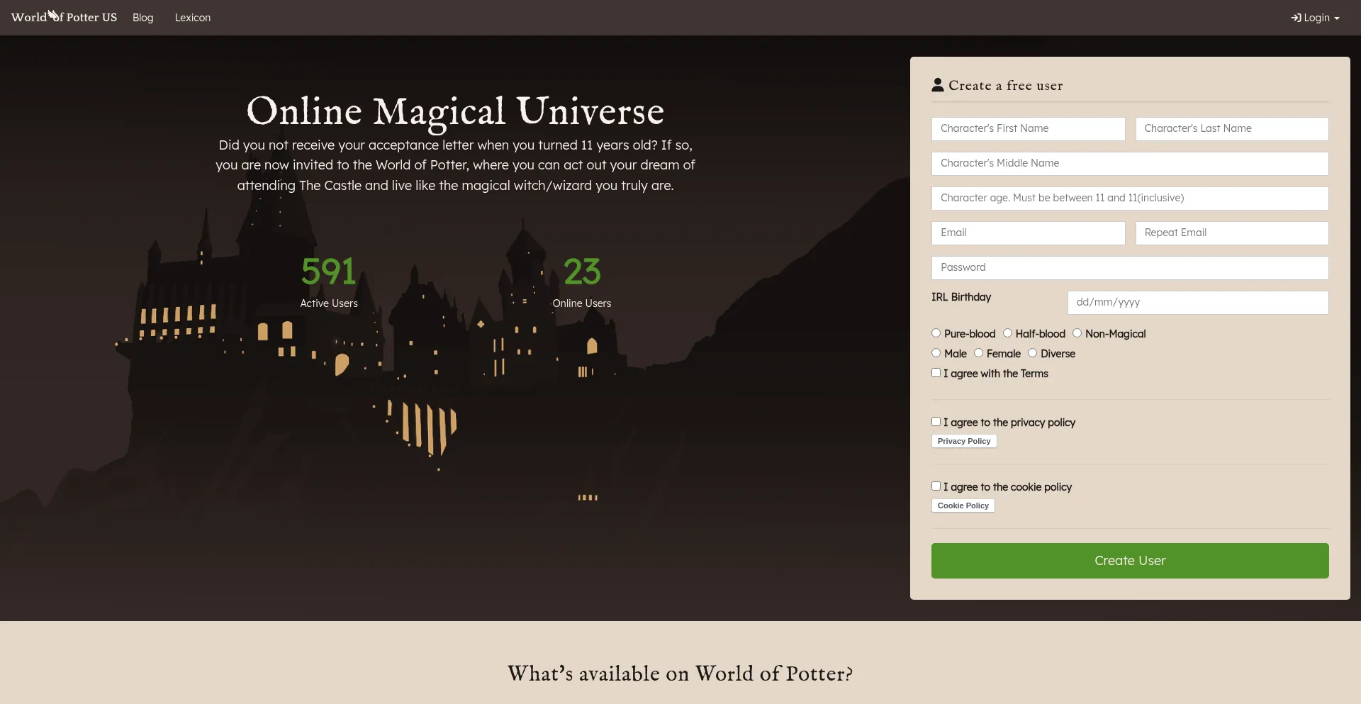 Website screenshot of Worldofpotter.com
