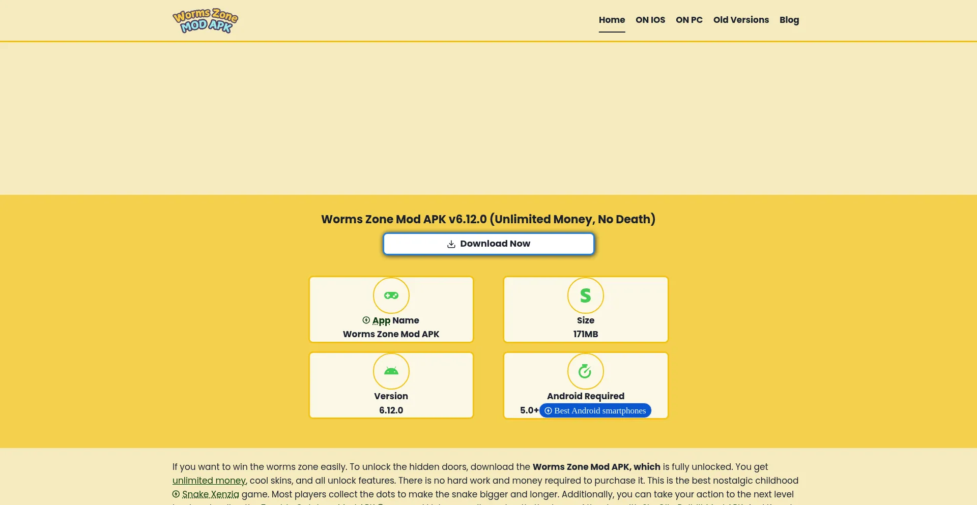 Website screenshot of Wormzoneapk.com