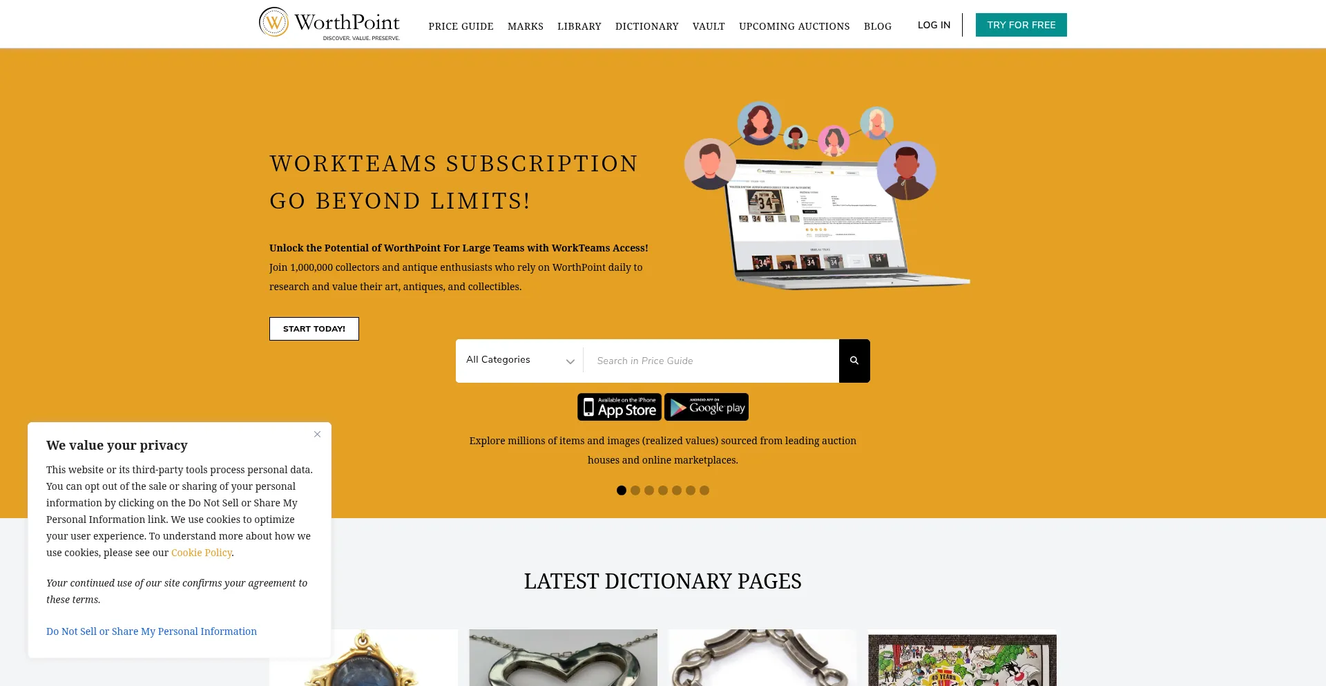 Website screenshot of Worthpoint.com