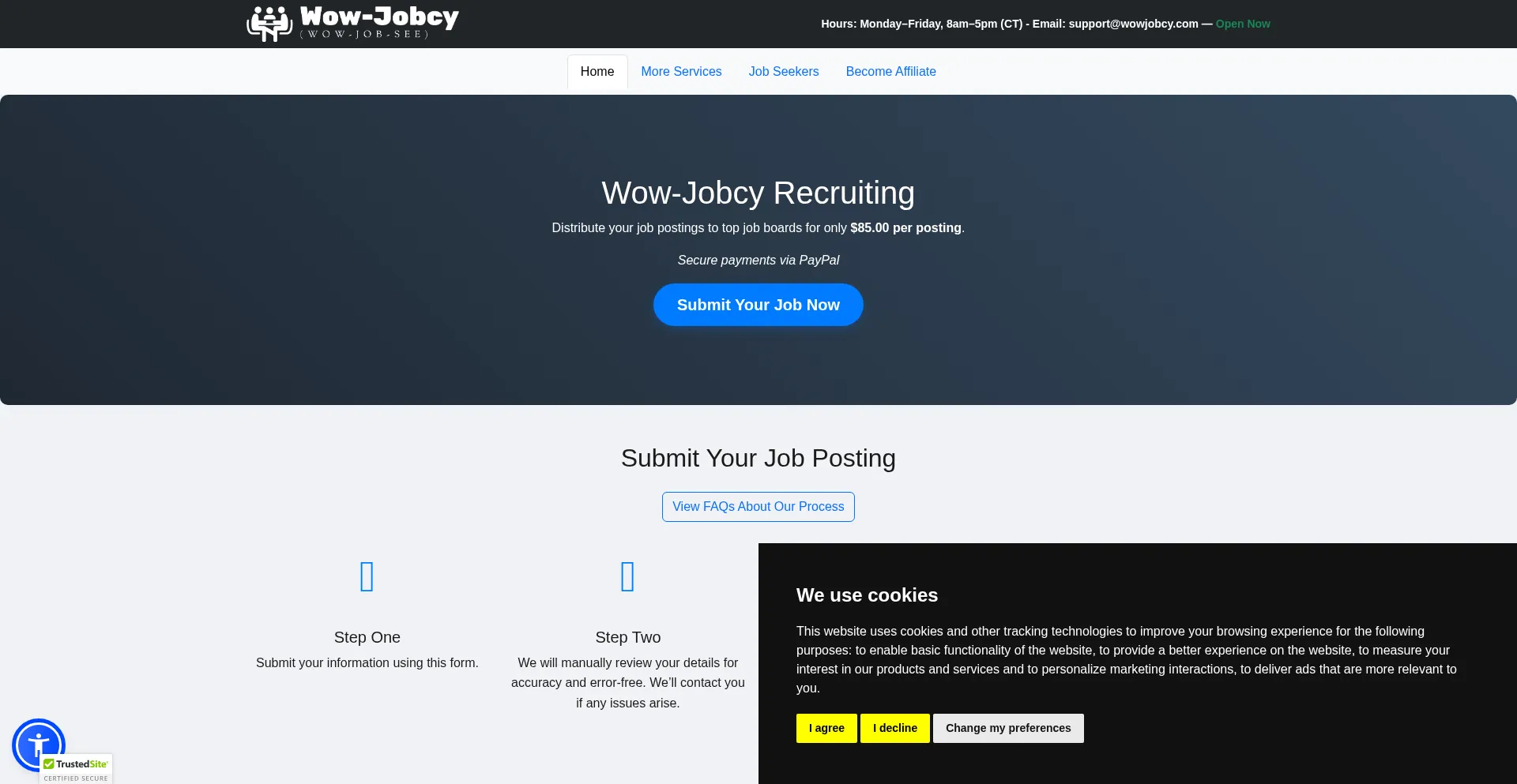 Website screenshot of Wowjobcy.com
