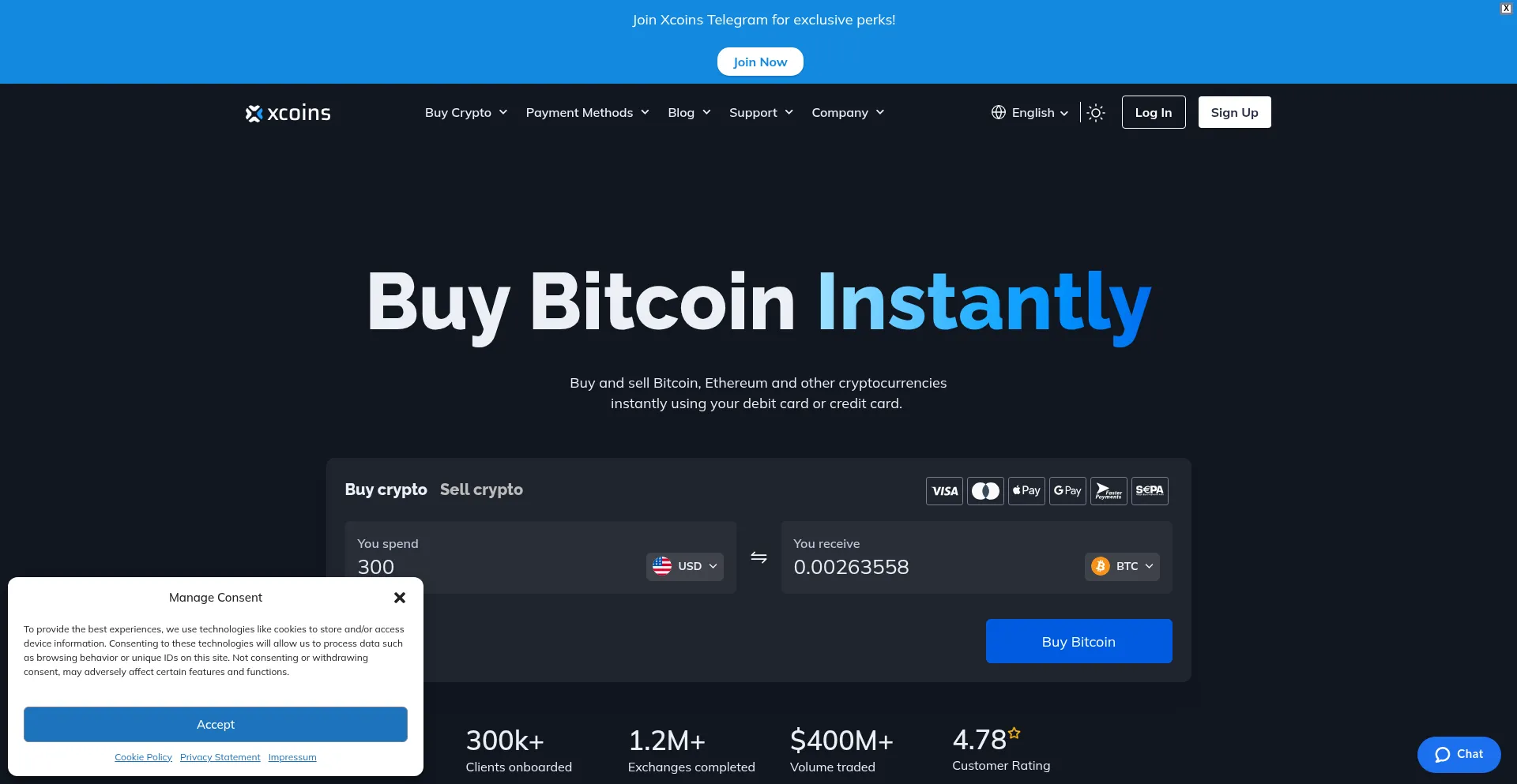 Website screenshot of Xcoins.com