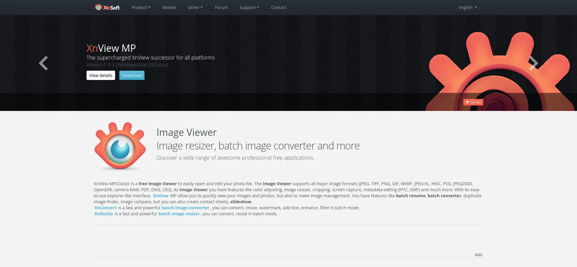 Website screenshot of Xnview.com