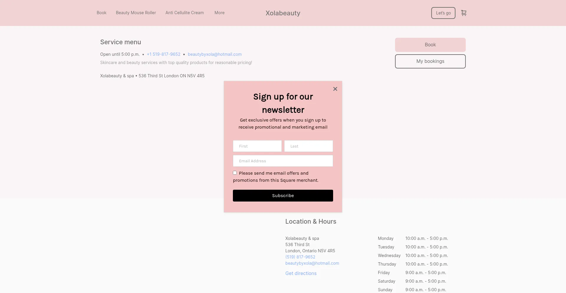 Website screenshot of Xolabeauty.square.site