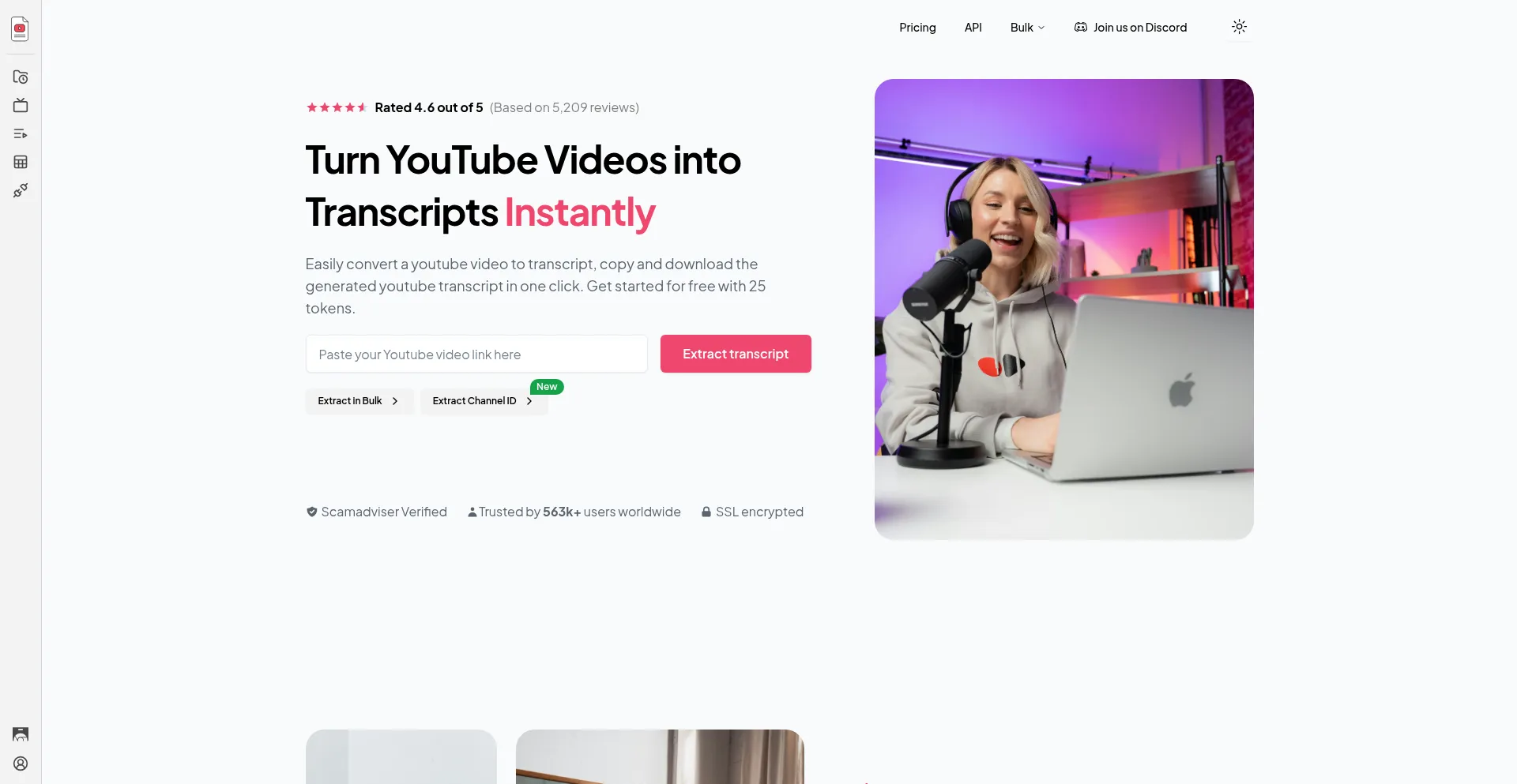 Website screenshot of Youtube-transcript.io