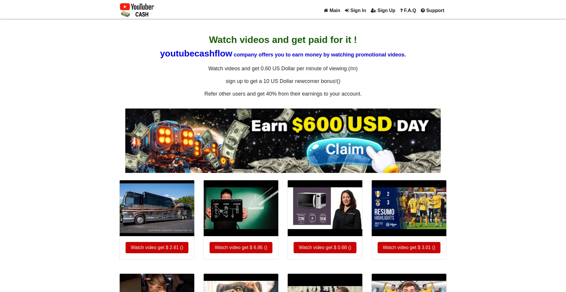 Website screenshot of Youtubecashflow.xyz