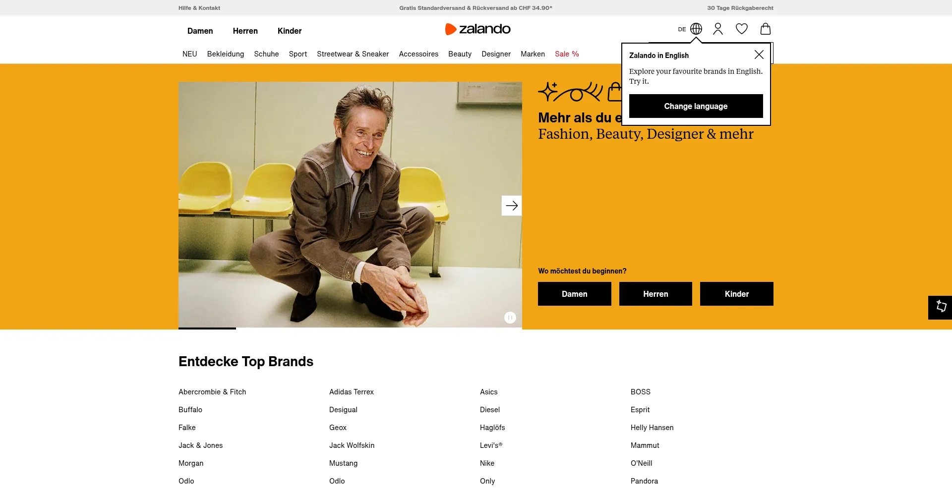 Website screenshot of Zalando.ch