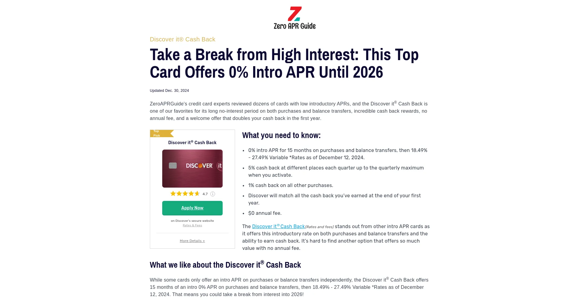 Website screenshot of Zeroaprguide.com