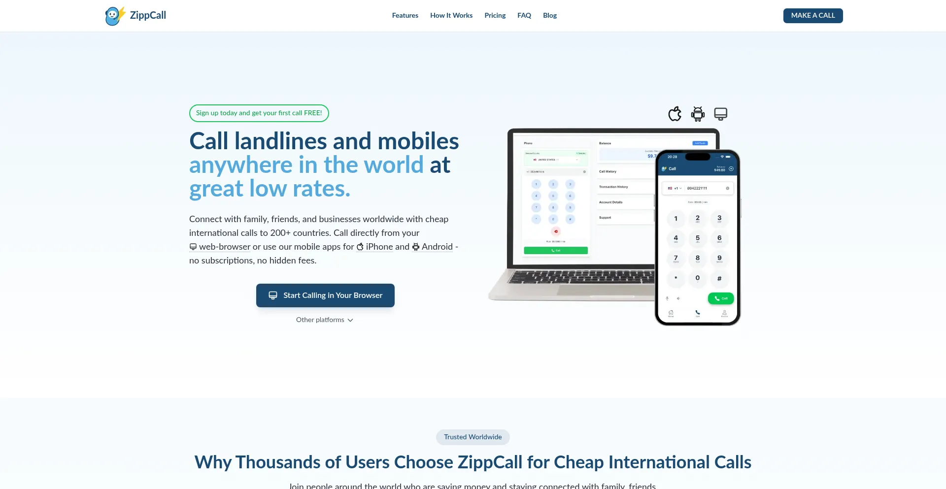 Website screenshot of Zippcall.com