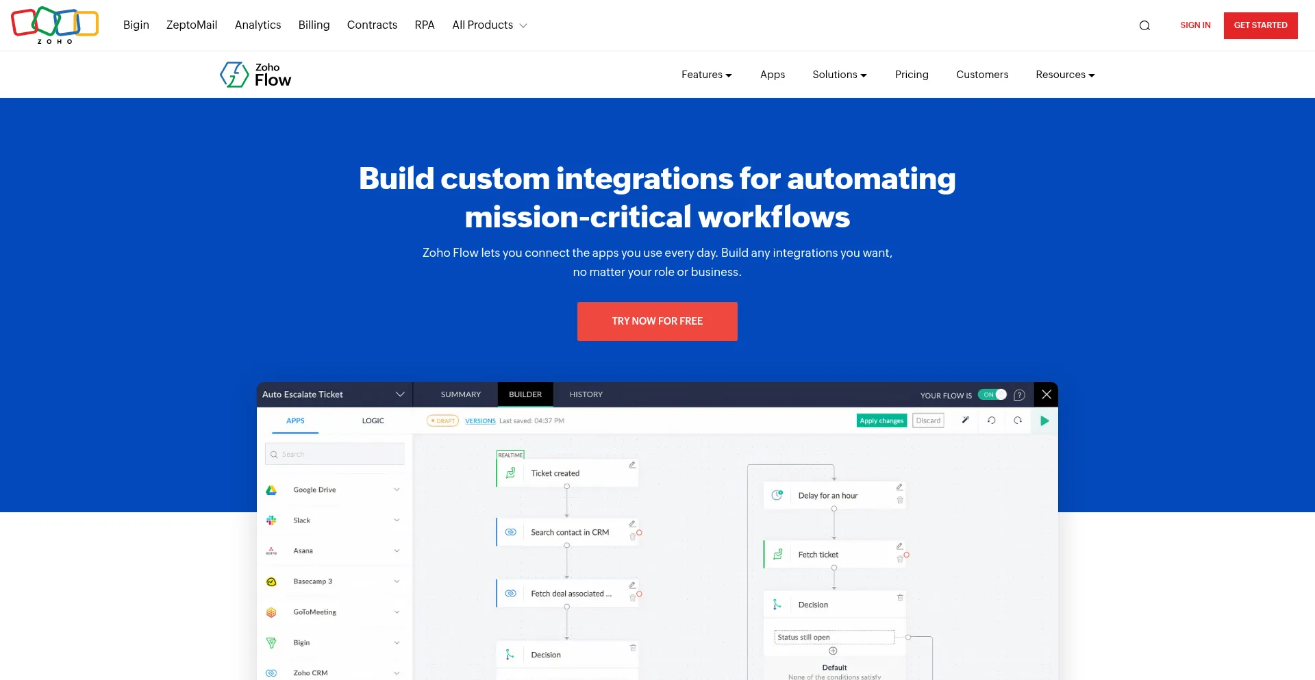 Website screenshot of Zohoflow.com