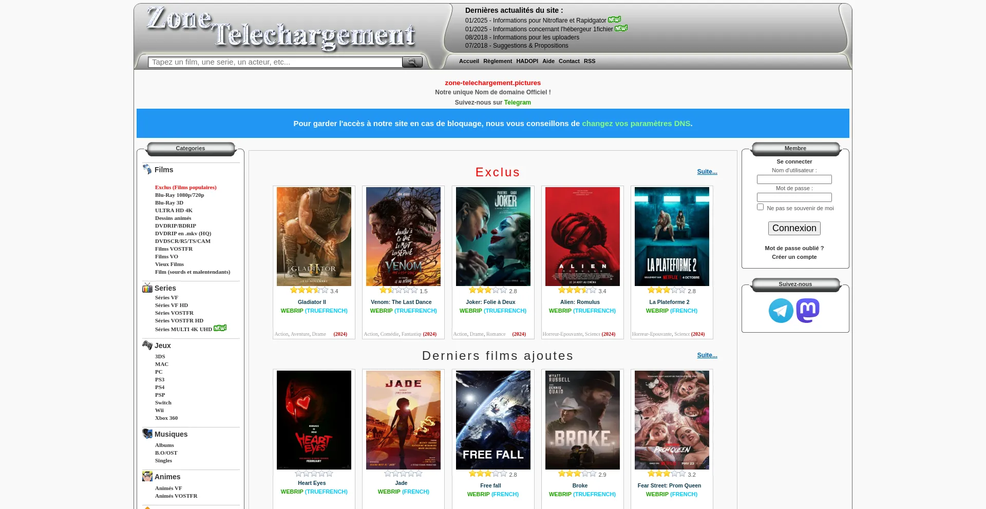 Website screenshot of Zone-telechargement.pictures