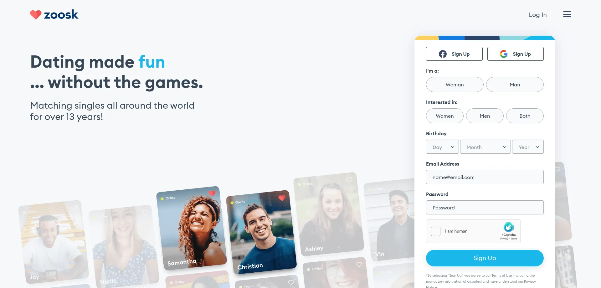 Website screenshot of Zoosk.com